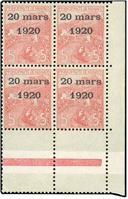 Célèbre n°43, le 5 F + 5 F surchargé « 20 mars 1920 »